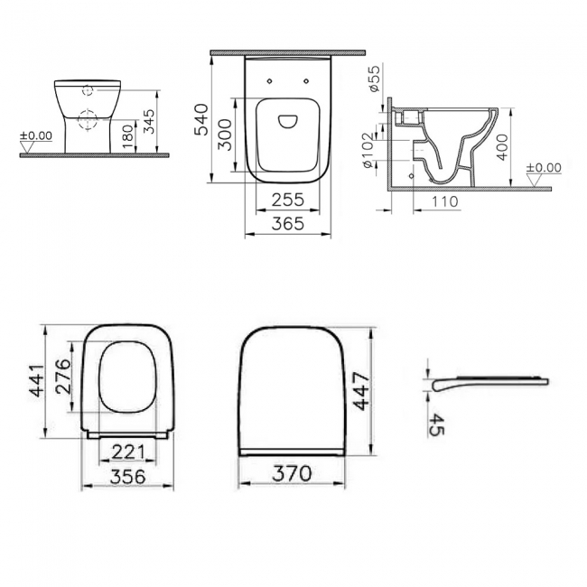 VitrA Integra Square Rimless Back-to-Wall Toilet (inc Slim Seat)  | Dimension Image