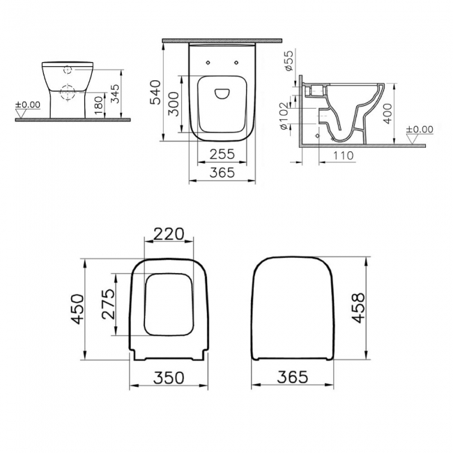 VitrA Integra Square Rimless Back-to-Wall Toilet (inc Wrapover Seat)  | Dimension Image