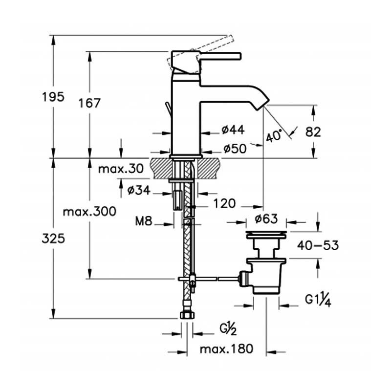Vitra Minimax Basin Mixer Tap with Pop Up Waste - Chrome