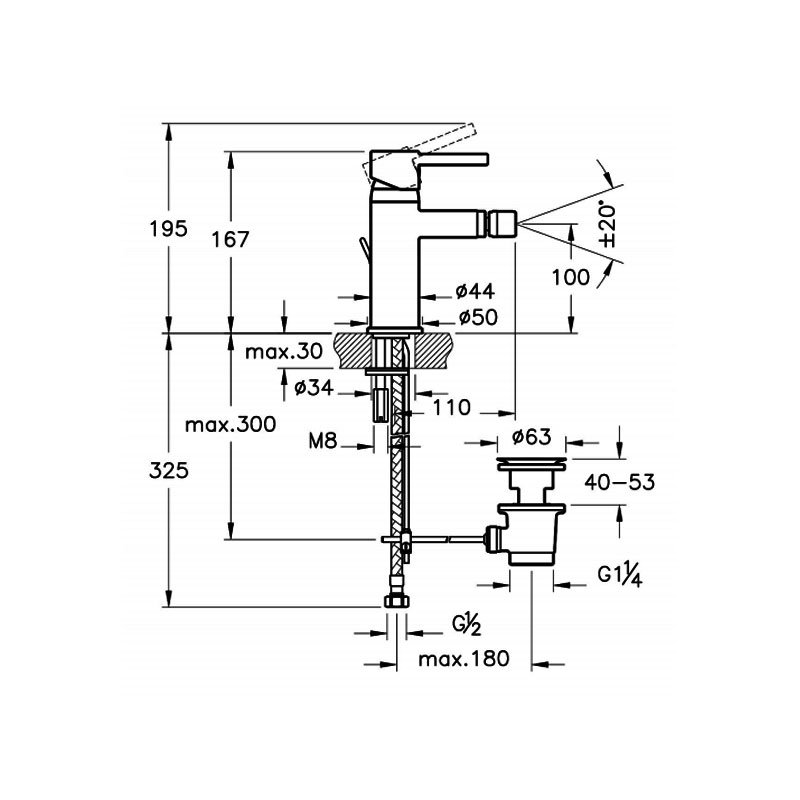 Vitra Minimax Bidet Mixer Tap with Pop Up Waste Chrome