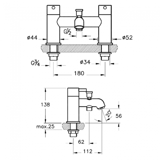 Vitra Minimax S Bath Shower Mixer Tap Pillar Mounted - Chrome