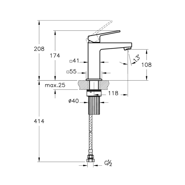 Vitra Minimax Square Compact Basin Mixer Tap - Chrome  | Dimension Image