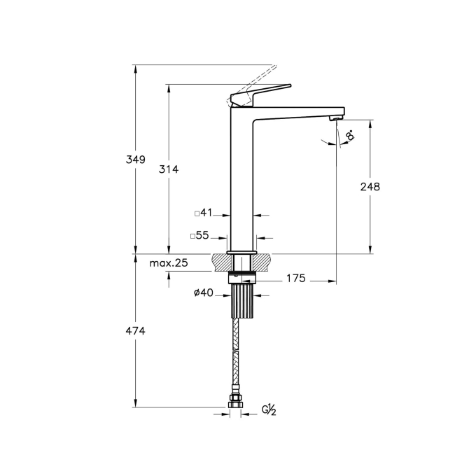 Vitra Minimax Square Tall Basin Mixer Tap - Chrome  | Dimension Image