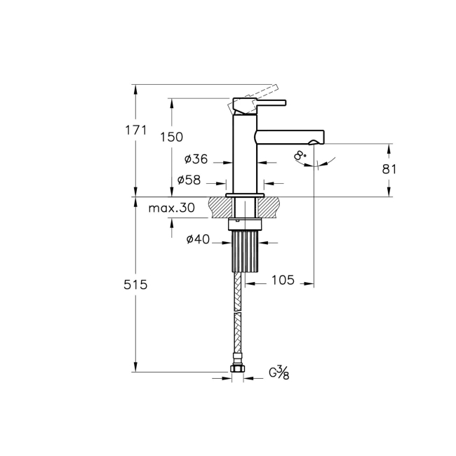 Vitra Origin Mini Mono Basin Mixer Tap - Chrome  | Dimension Image