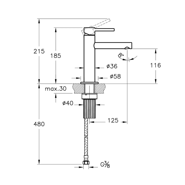 Vitra Origin Basin Mixer Tap - Matt Black  | Dimension Image