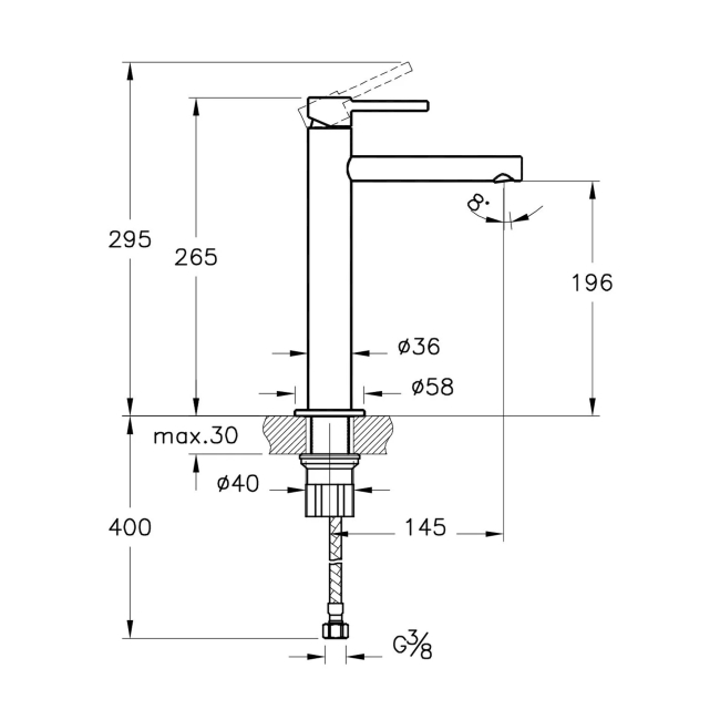 Vitra Origin Tall Basin Mixer Tap - Matt Black  | Dimension Image