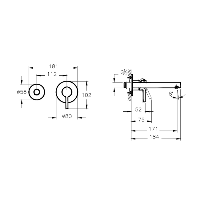 Vitra Origin Basin Mixer Tap Wall Mounted - Brushed Nickel  | Dimension Image