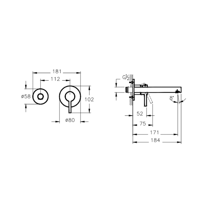Vitra Origin Basin Mixer Tap Wall Mounted - Matt Black  | Dimension Image