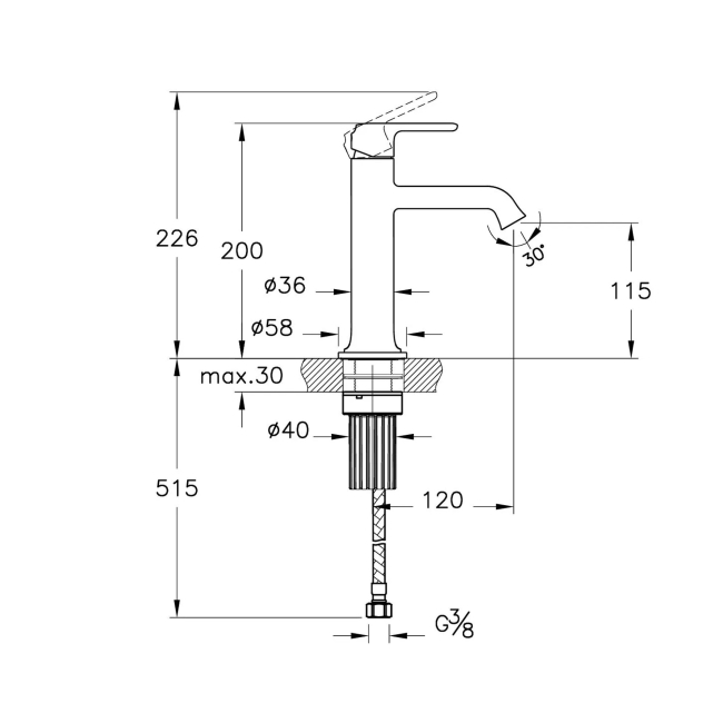 Vitra Origin Classic Basin Mixer Tap with Lever Handle - Soft Copper  | Dimension Image