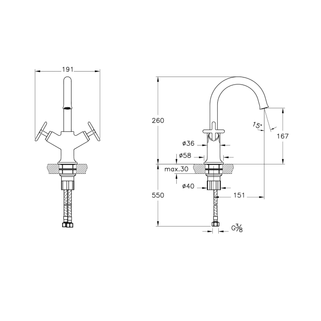 Vitra Origin Classic Basin Mixer Tap with Crosshead Handle - Soft Copper  | Dimension Image