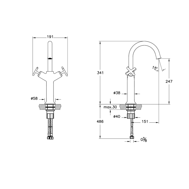 Vitra Origin Classic Tall Basin Mixer Tap - Soft Copper  | Dimension Image