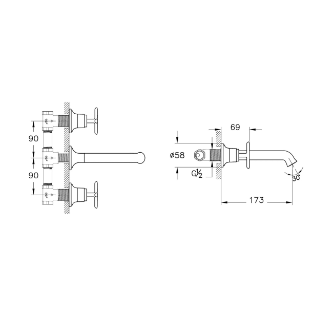 Vitra Origin Classic 3-Hole Wall Mounted Basin Mixer Tap - Soft Copper  | Dimension Image