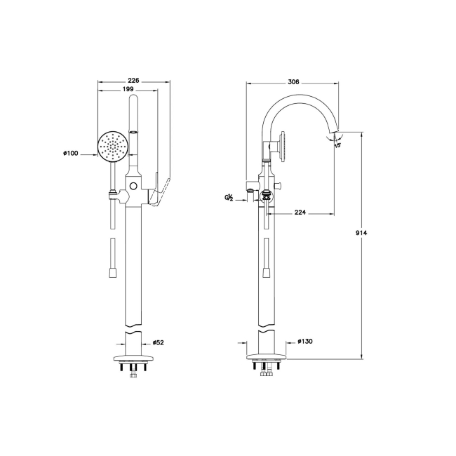 Vitra Origin Classic Freestanding Bath Shower Mixer Tap with Shower Kit - Soft Copper  | Dimension Image