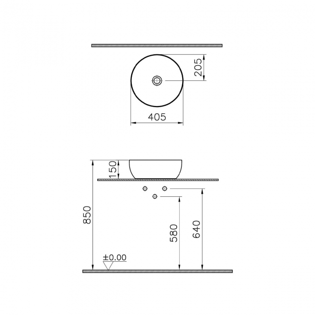 VitrA Recycled Round Countertop Vessel Basin 400mm - Matt Taupe  | Dimension Image