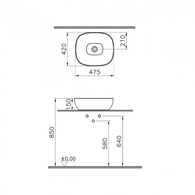 VitrA Recycled Square Countertop Vessel Basin 475mm x 420mm - Matt Taupe  | Dimension Image