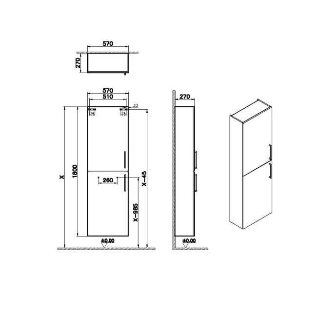 Vitra Root Flat Compact Wall Hung 2-Door Tall Unit 570mm Wide - Matt Dark Blue  | Dimension Image