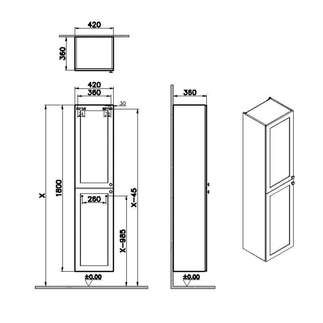 Vitra Root Classic Wall Hung 2-Door Tall Unit 400mm Wide - Matt White  | Dimension Image