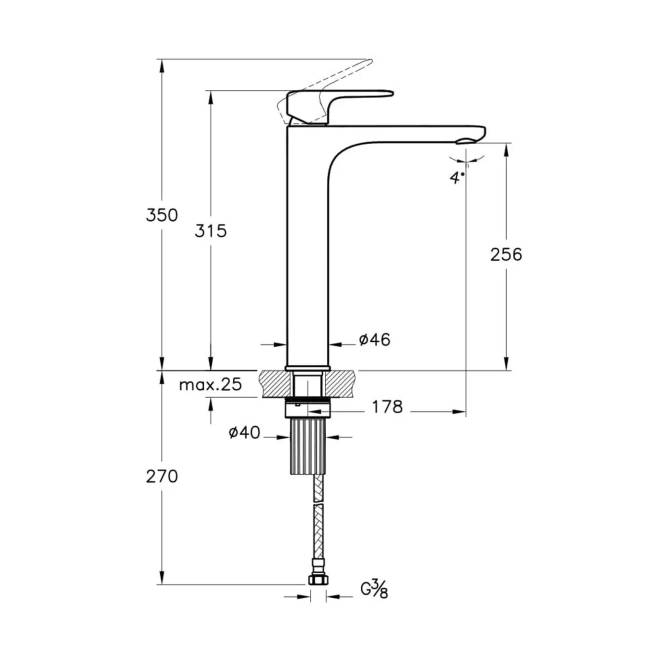 Vitra Root Tall Basin Mixer Tap - Chrome  | Dimension Image