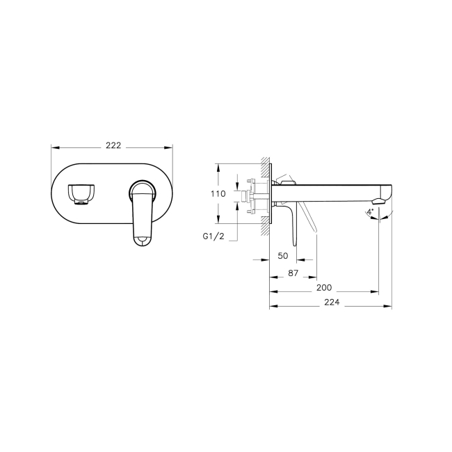 Vitra Root Basin Mixer Tap Wall Mounted - Chrome  | Dimension Image