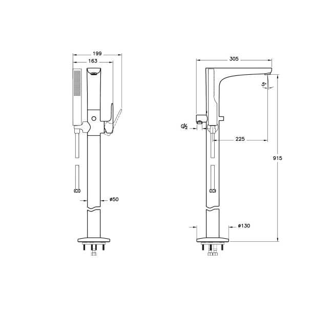 Vitra Root Freestanding Bath Shower Mixer Tap with Shower Kit - Chrome  | Dimension Image