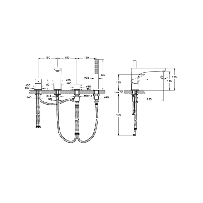 Vitra Root Bath Shower Mixer Tap with Shower Kit - Chrome  | Dimension Image