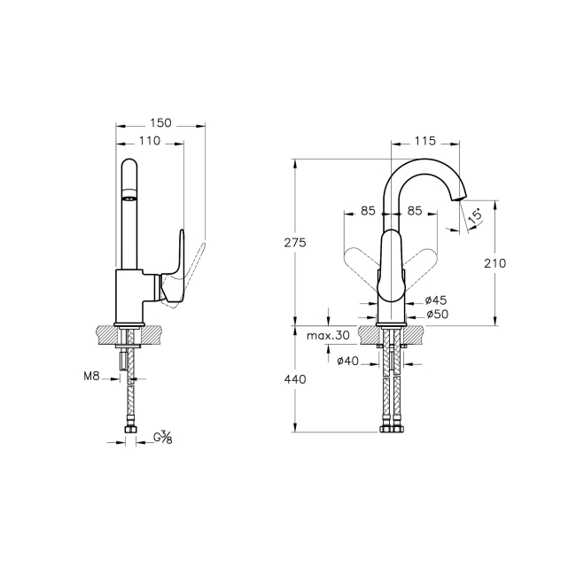 Vitra Root Round Single Lever Side Action Basin Mixer Tap - Chrome  | Dimension Image