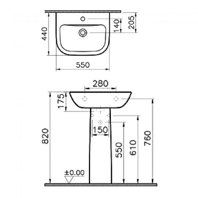 Vitra S20 Wash Basin and Full Pedestal 550mm Wide 2 Tap Hole