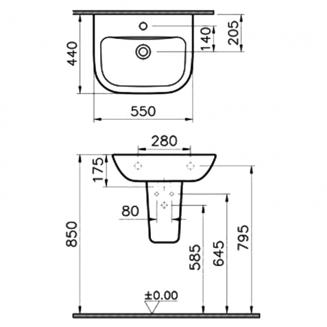 Vitra S20 Wash Basin and Large Semi Pedestal 550mm Wide 1 Tap Hole