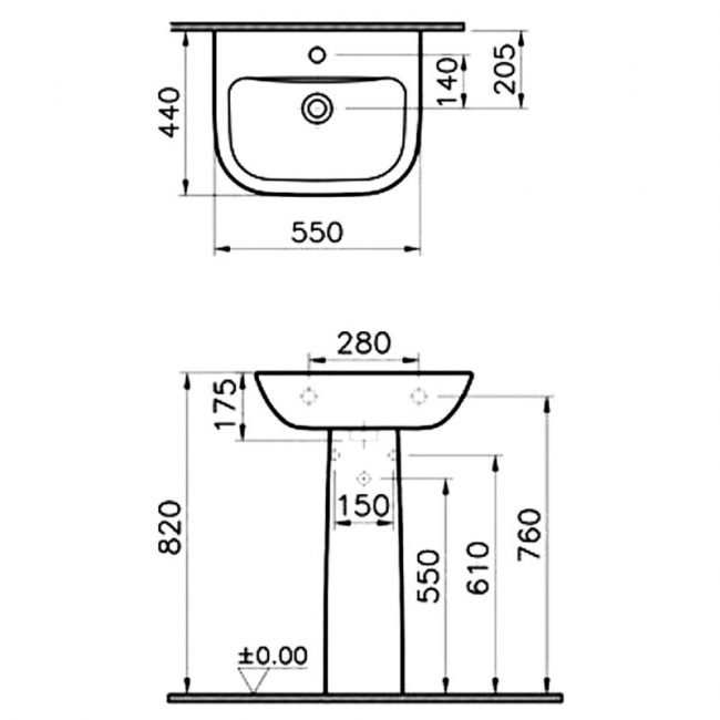 Vitra S20 Wash Basin and Full Pedestal 550mm Wide 1 Tap Hole
