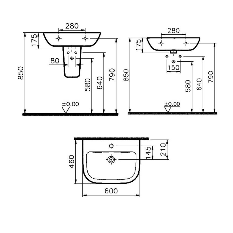 Vitra S20 Wash Basin and Large Semi Pedestal 600mm Wide 2 Tap Hole