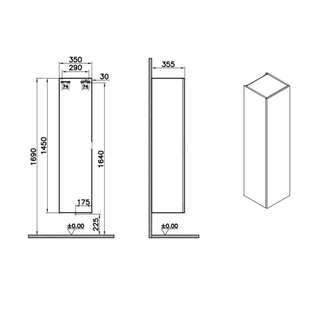 Vitra S20 Square Wall Hung 1-Door Tall Unit 350mm Wide - High Gloss White  | Dimension Image