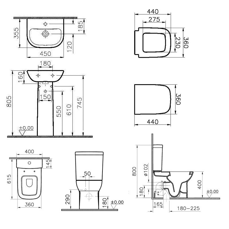 Vitra S20 Cloakroom Suite Toilet and 450mm 1 Tap Hole Basin - Soft Close Seat