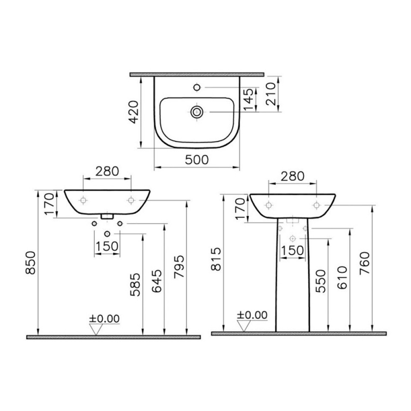 Vitra S20 Cloakroom Basin and Full Pedestal 500mm Wide 1 Tap Hole