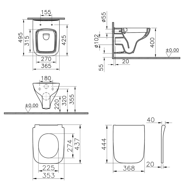 Vitra S20 Square Smoothflush Short Projection Wall Hung Toilet - Slim Soft Close Seat  | Dimension Image