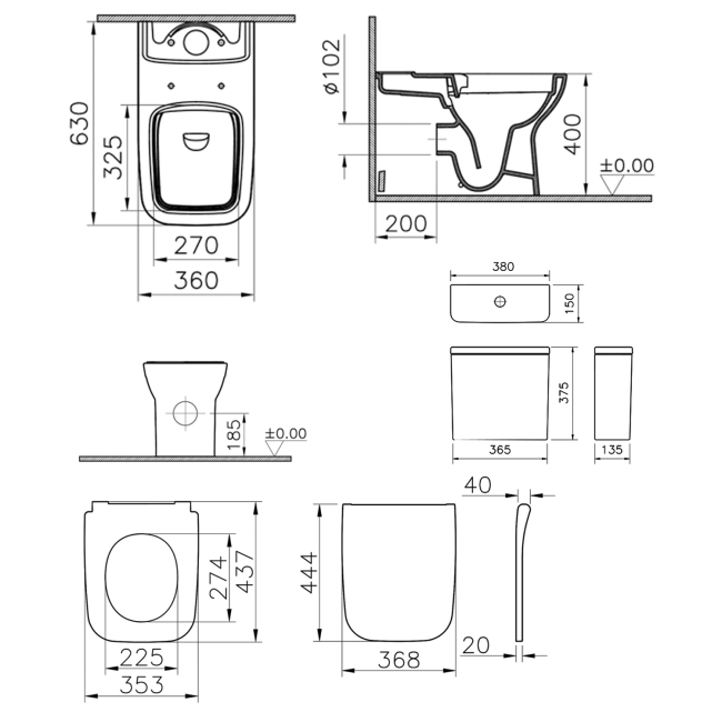 Vitra S20 Square Smoothflush Close Coupled Toilet Closed Back Push Button Cistern - Slim Soft Close Seat  | Dimension Image