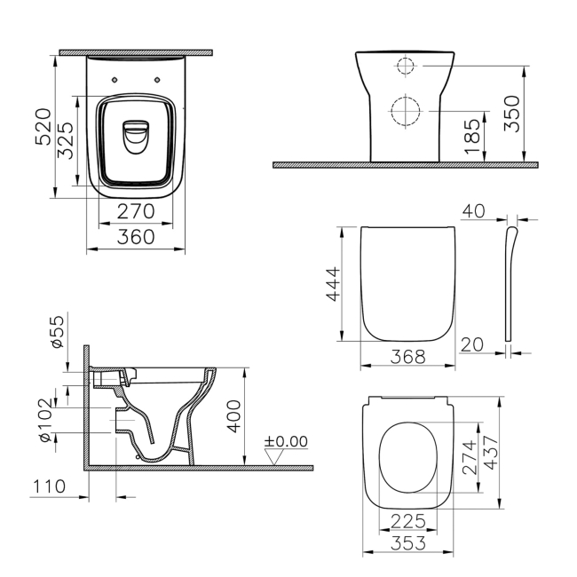Vitra S20 Square Smoothflush Back to Wall Toilet - Slim Soft Close Seat  | Dimension Image
