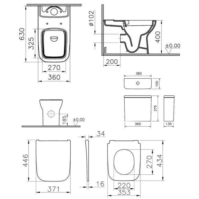 Vitra S20 Square Smoothflush Close Coupled Toilet Closed Back Push Button Cistern - Super Slim Soft Close Seat  | Dimension Image