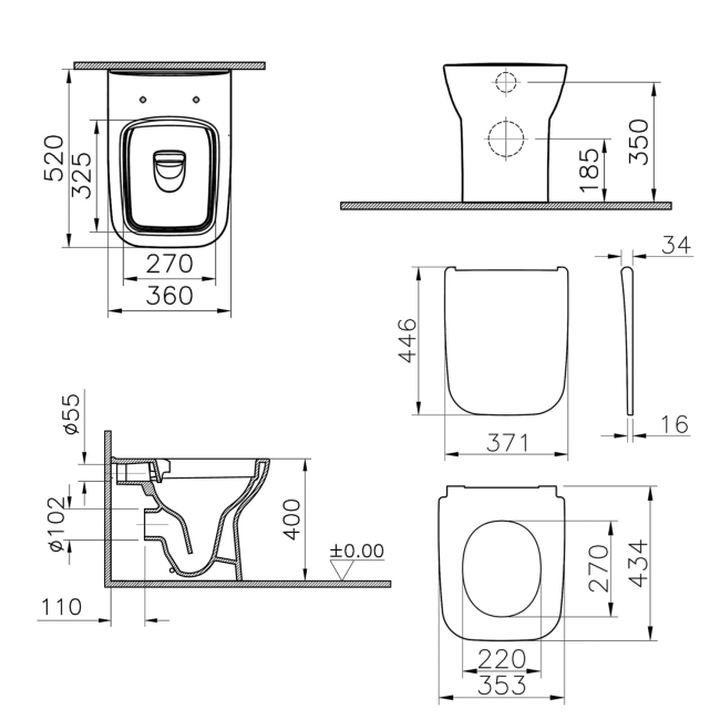 Vitra S20 Square Smoothflush Back to Wall Toilet - Super Slim Soft Close Seat  | Dimension Image