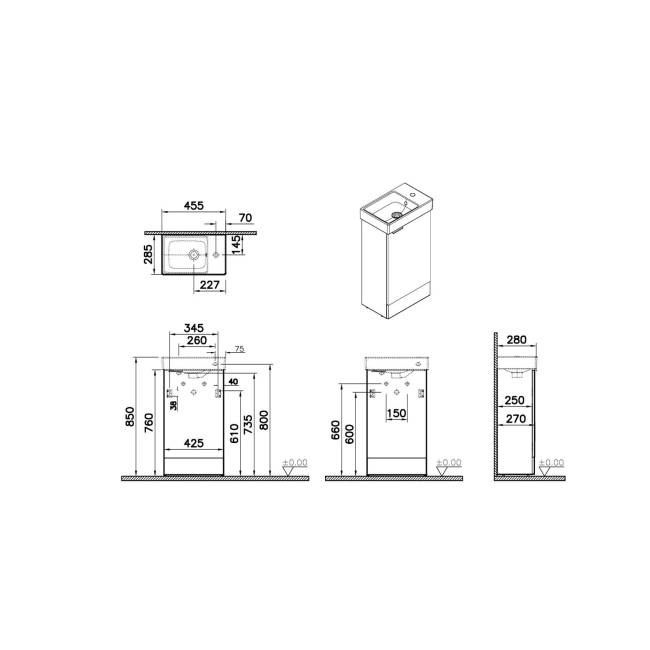 Vitra S20 Square RH Floor Standing Vanity Unit and Basin 450mm Wide - Cordoba  | Dimension Image