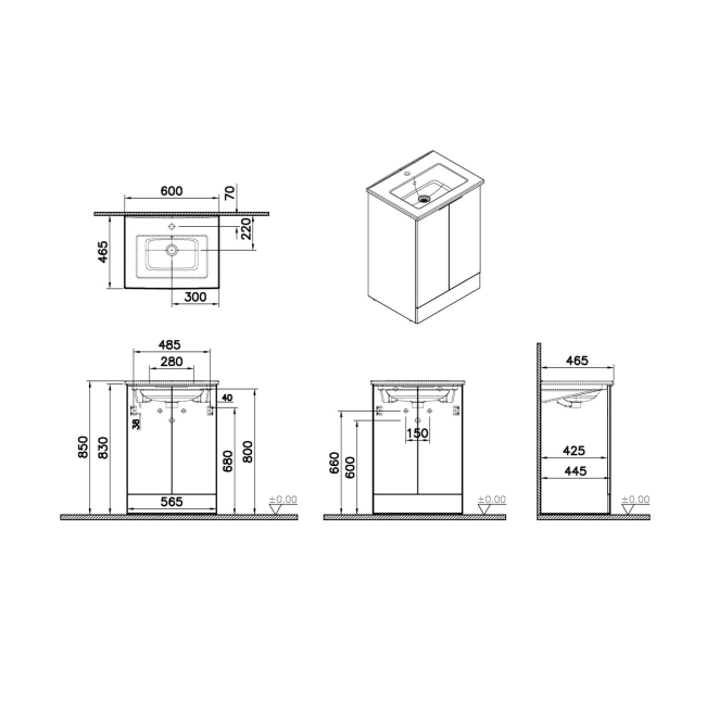 Vitra S20 Square Floor Standing 2-Door Vanity Unit and Basin 600mm Wide - High Gloss Anthracite  | Dimension Image