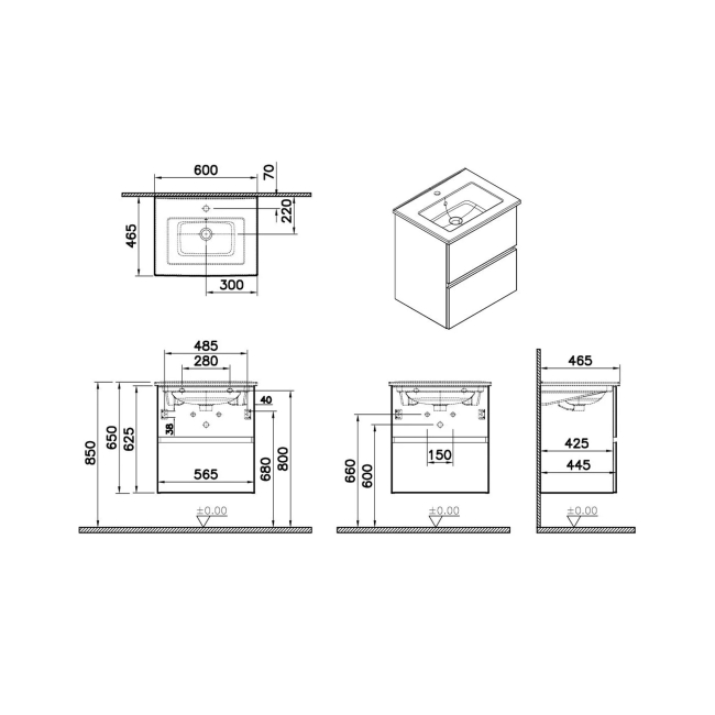 Vitra S20 Square Wall Hung 2-Drawer Vanity Unit and Basin 600mm Wide - Maple Oak  | Dimension Image