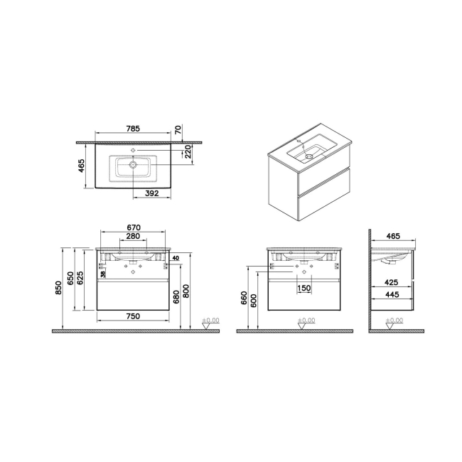 Vitra S20 Square Wall Hung 2-Drawer Vanity Unit and Basin 800mm Wide - Maple Oak  | Dimension Image