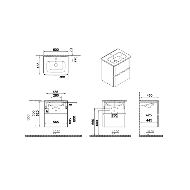 Vitra S20 Round Wall Hung 2-Drawer Vanity Unit and Basin 600mm Wide - Maple Oak  | Dimension Image