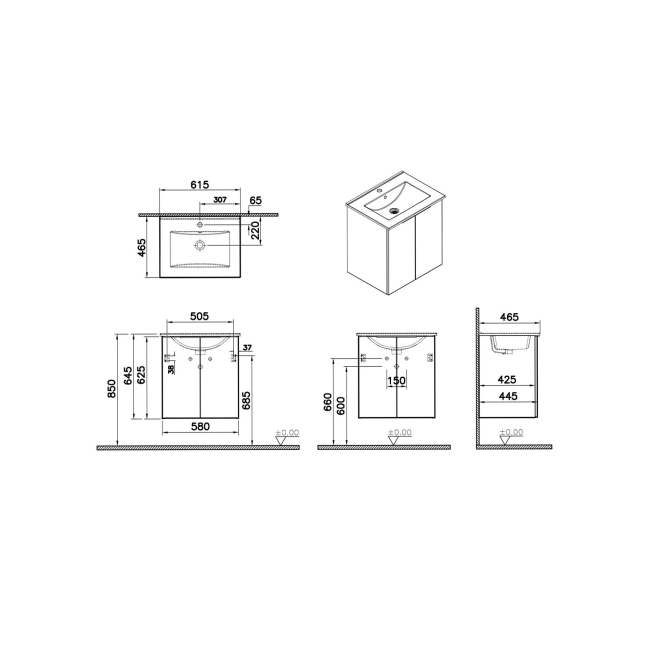 Vitra S20 Square Wall Hung 2-Door Vanity Unit and Basin 600mm Wide - High Gloss Anthracite  | Dimension Image