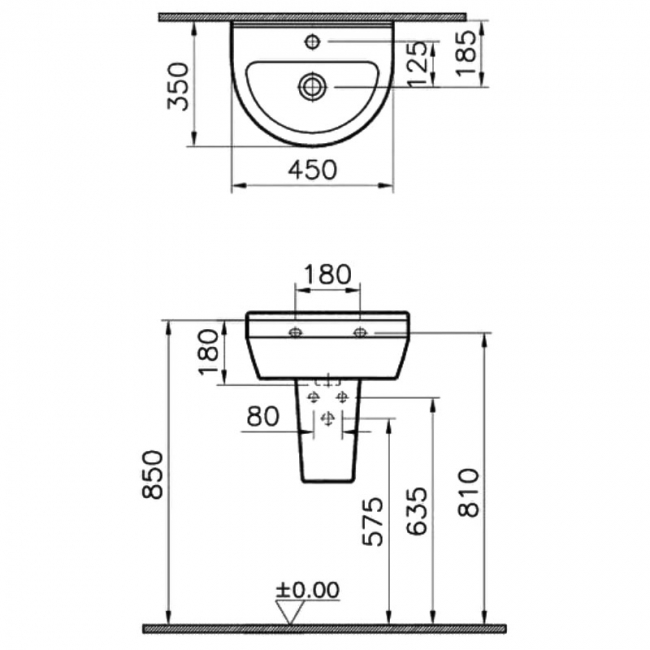 Vitra S50 Basin and Semi Pedestal 450mm Wide - 1 Tap Hole