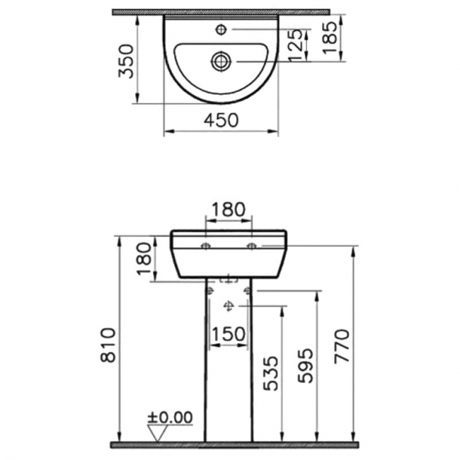 Vitra S50 Basin and Full Pedestal 450mm Wide - 1 Tap Hole