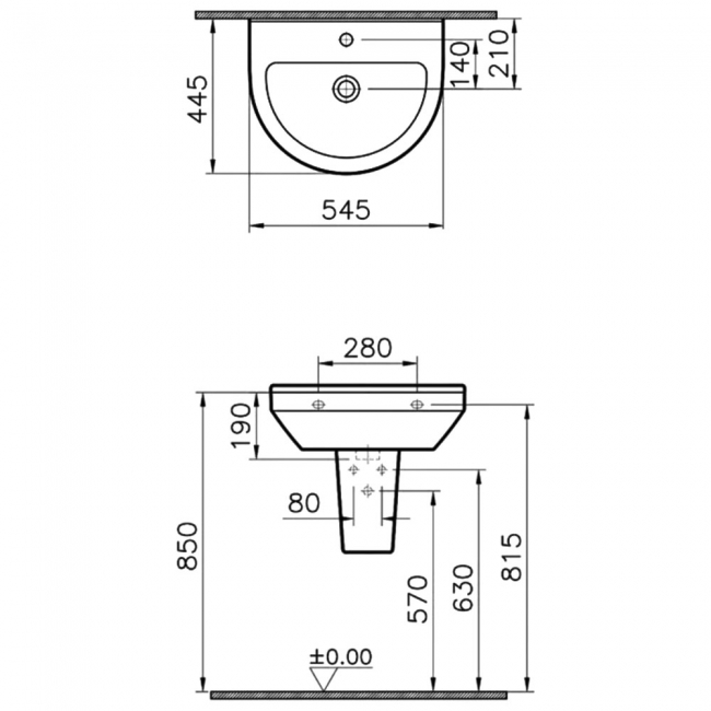 Vitra S50 Basin and Semi Pedestal 550mm Wide - 1 Tap Hole
