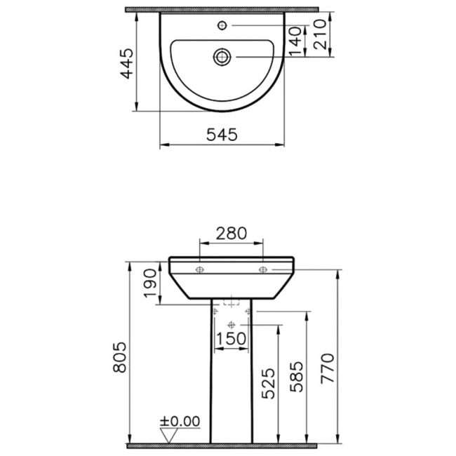 Vitra S50 Basin and Full Pedestal 550mm Wide - 1 Tap Hole