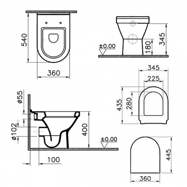 Vitra S50 Back To Wall Toilet Pan - Standard Seat  | Dimension Image