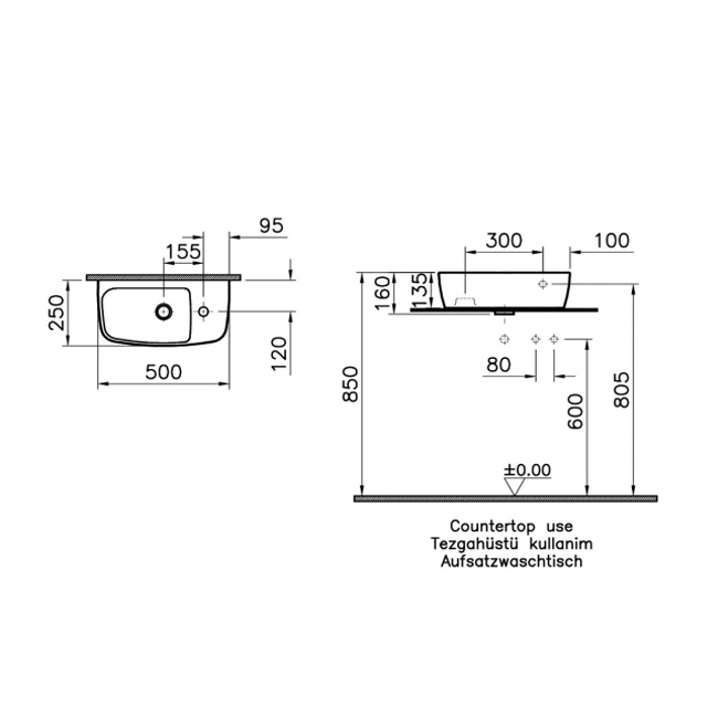 Vitra Shift Compact Countertop Basin 500mm Wide - 1 RH Tap Hole